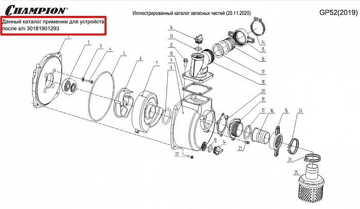 1 | ПОМПА | Запчасти для мотопомпы чемпион | GP52 после 2019 года  | после s/n 30181901293 |