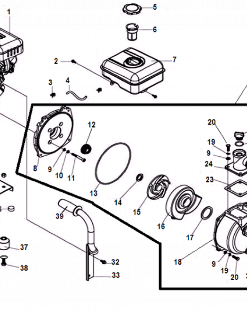 1 КОРПУС ПОМПЫ - САЛЬНИК - КРЫЛЬЧАТКА - УЛИТКА МОТОПОМПА CHAMPION  GP40 | до 2019 года | Ремонт | Запчасти | в СПБ