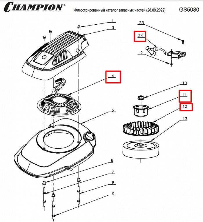 12 | СТАРТЕР - МАГНЕТО | Запчасти для уборочной чемпион | GS5080 после 2021 года | после s/n 37012000001 | 