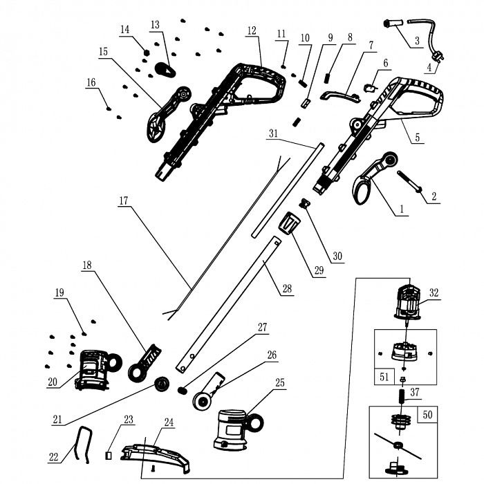 1 Электродвигатель - Щетки - Головка - Кожух - Якорь - Статор | Запчасти для триммера чемпион ЕТ351 |