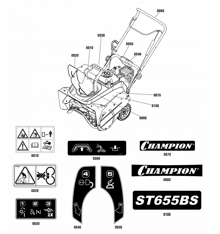 6 НАКЛЕЙКИ СНЕГОУБОРЩИК CHAMPION ST655BS ручное управление желобом |Запчасти по России | СПБ