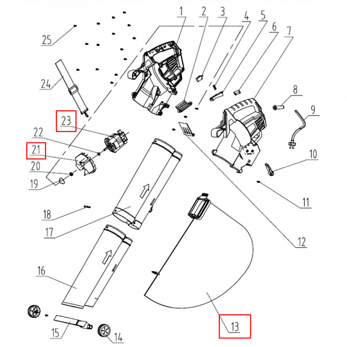 1 | ЭЛЕКТРОДВИГАТЕЛЬ - РУЧКА - ВЫКЛЮЧАТЕЛЬ - МЕШОК | Запчасти для воздуходувки чемпион EB3510 | Поставка по России 