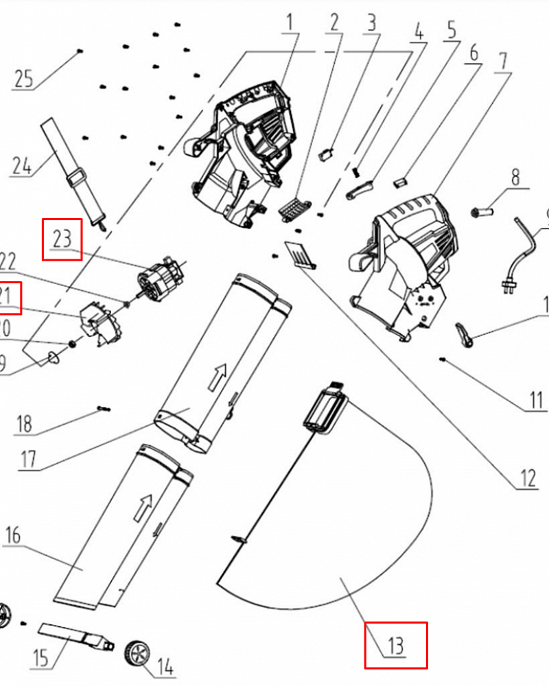 1 | ЭЛЕКТРОДВИГАТЕЛЬ - РУЧКА - ВЫКЛЮЧАТЕЛЬ - МЕШОК | Запчасти для воздуходувки чемпион EB3510 | Поставка по России 